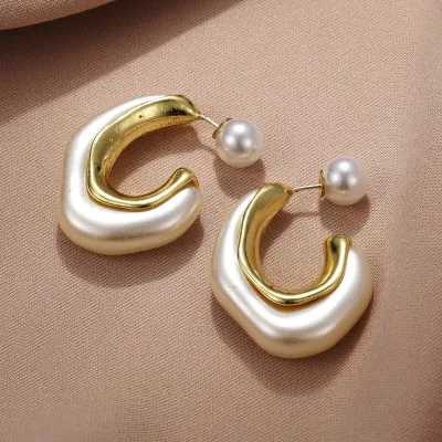 Golden Pearl Irregular Shaped Hoop Earrings